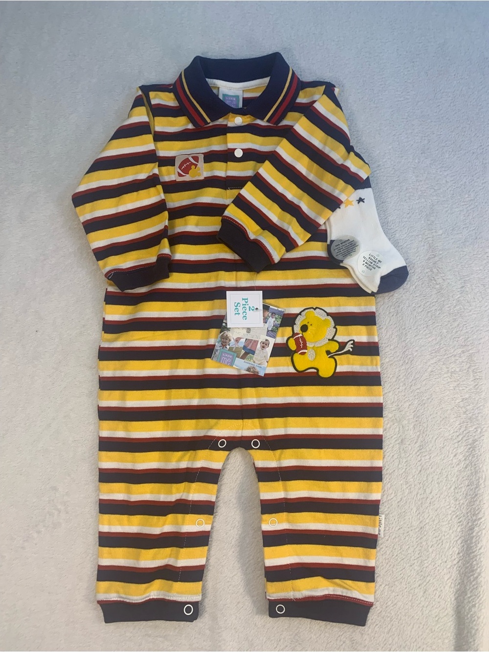 NWT Little Me Boys 9 Month One-Piece Romper + Socks Cotton Knit